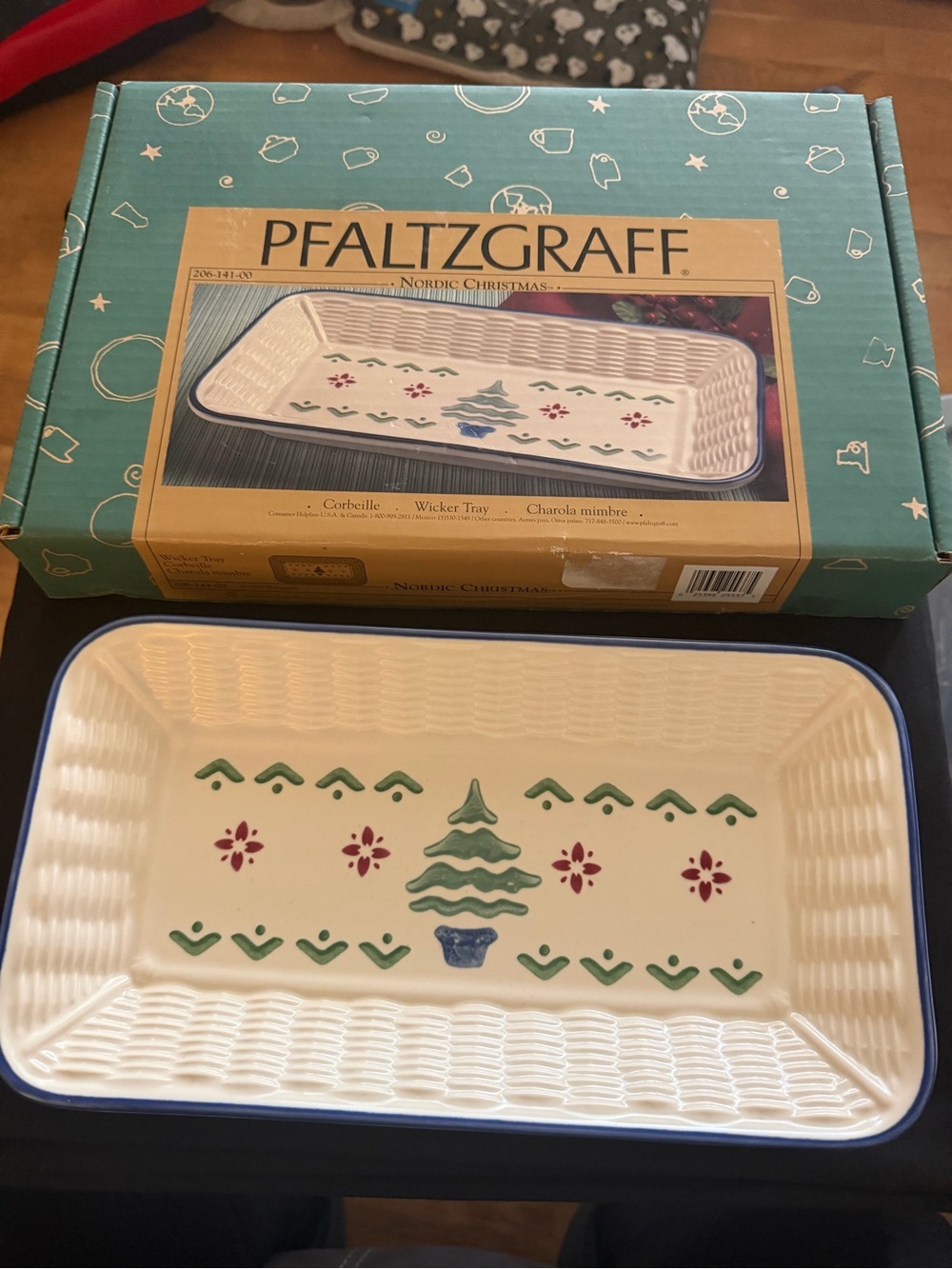Pfaltzgraff Cream Ceramic Tray with Blue, Green & Red Holiday Motifs approx 12”